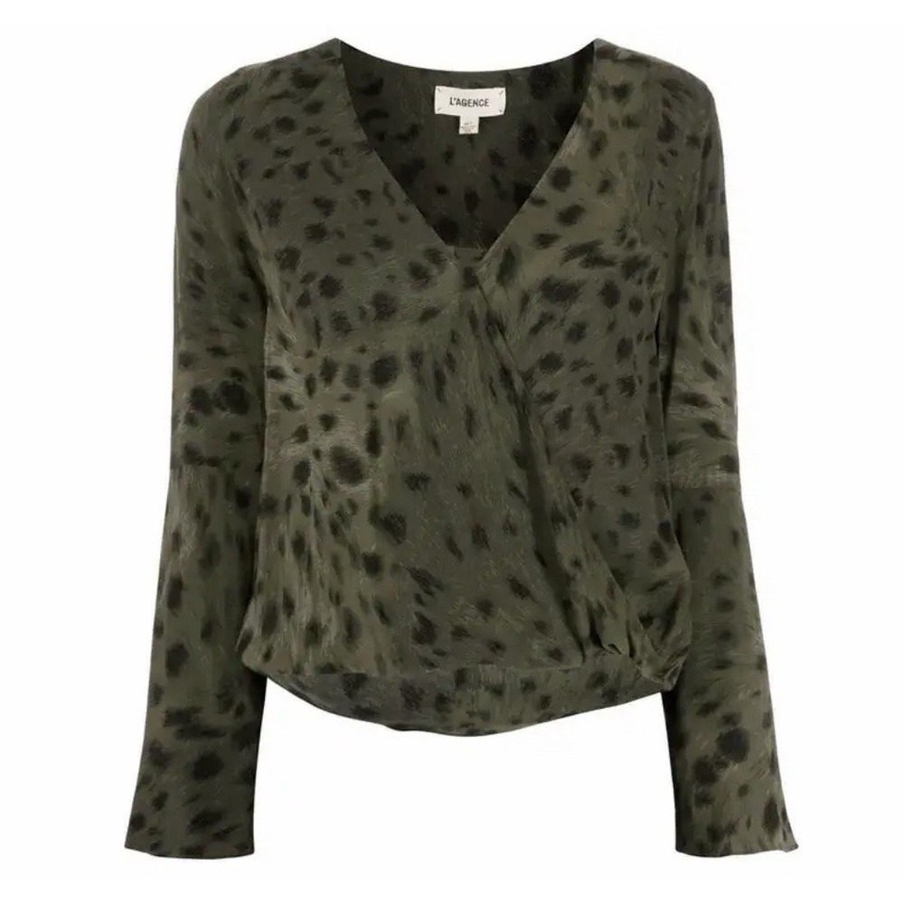L'agence Mei Leopard Print Faux Wrap Black & Olive Designer Buisness Blouse XS